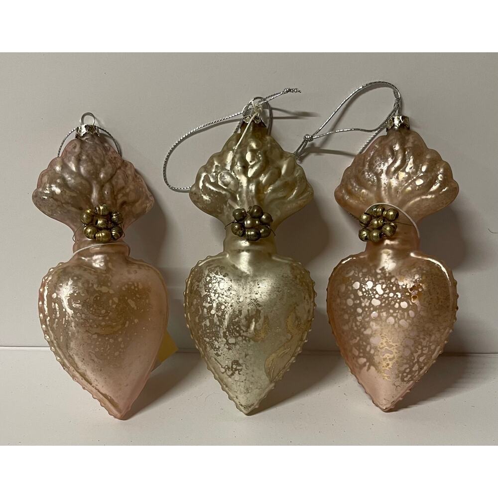 Set of 3 Glass Heart Pink and Cream Holiday Ornaments. KK379
